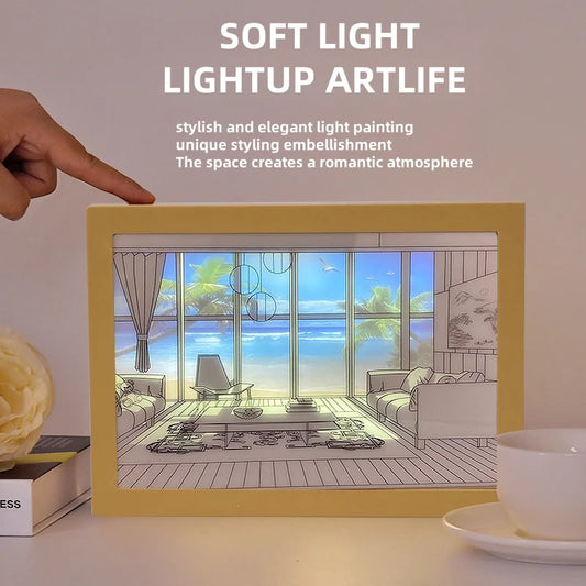 Beautiful LED Light Painting Indoor Sunlight Window Wooden Photo Light Dimming Wall Artwork Table Lamp Home Decor Night Lamp