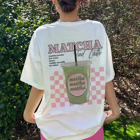 Matcha Latte Back Print T-Shirt Women Fashion Clothing Cute Matcha Lover T Shirt Y2k Aesthetic Egirl Loose Retro Streetwear Tops
