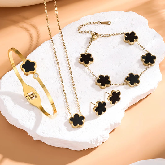 3Pcs Stainless Steel 316L Luxury Plum Blossom Plant Five Leaf Flower Necklace Earrings Bracelet For Women Gift Jewelry Sets