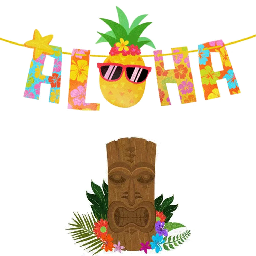 1Set Hawaiian Party Luau Aloha Party Flagbanner Pineapple Banquet Seaside Birthday Party Banner Summer Tropical Party Decoration