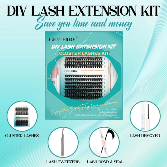 Gemerry 50P Eyelashes Extension Kits 280pcs Lash Clusters Lash Bond And Seal Lash Glue Remover And Lash Tweezer Makeup Supplies