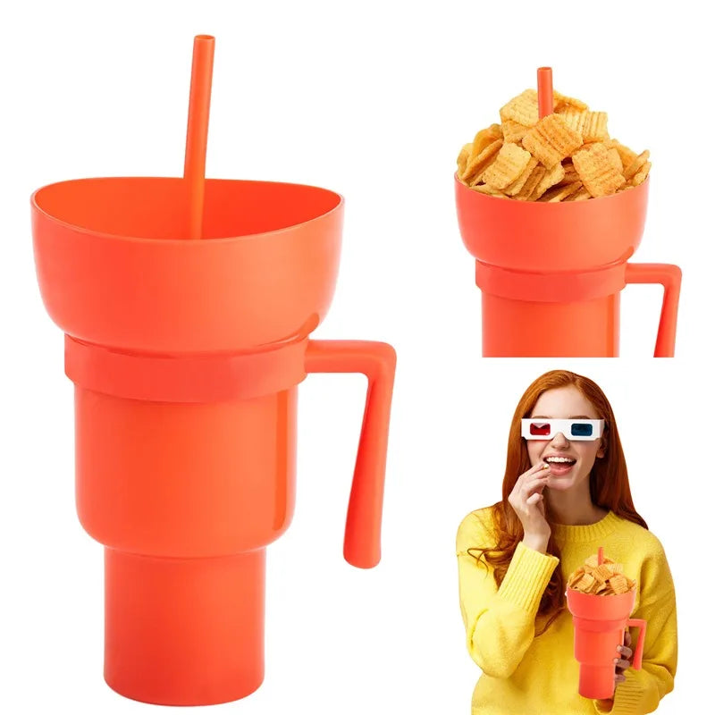 2 in 1 Popcorn Beverage Cup Snack 1000ML Straw Cup with Handle Water Bottles with Straw Coffee Cup Mug Leak-Proof For Kids Adult