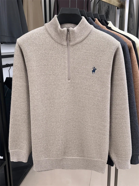Winter Men's Ferret Fleece Embroidered Zipper Stand Up Collar Head Knitwear Plush Thick Soft Sweater Mens Clothes Pull Coreen