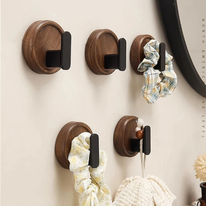 Self Adhesive Wall Hooks Walnut Hanging Hooks For Kitchen Bathroom Solid Hook Coat Storage Hook Home Towel Key Bag Decor Holder