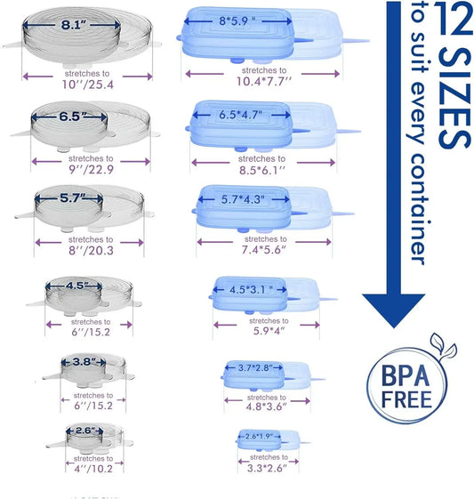12pcs Silicone Stretch Lids Round Rectangle Magic Lids Reusable Food Covers for Bowls Cups Cans Shapes of Container Dishwasher