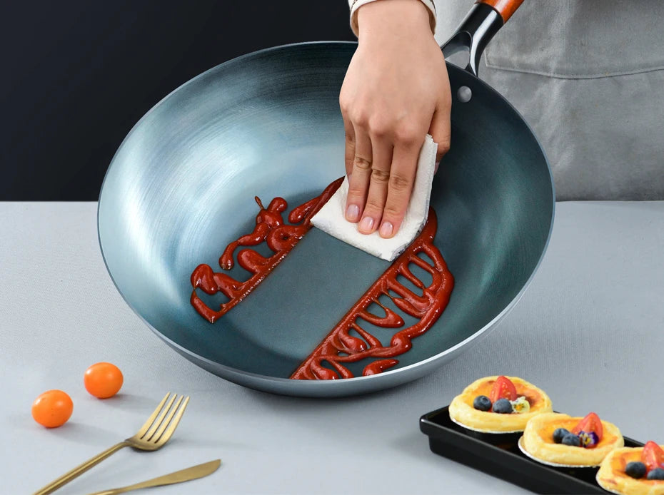 Flat Bottom Wok Pan 13.5" Woks And Stir Fry Pans Blue Iron Cookware Traditional Chinese Cookware For Electric Induction Cooktops