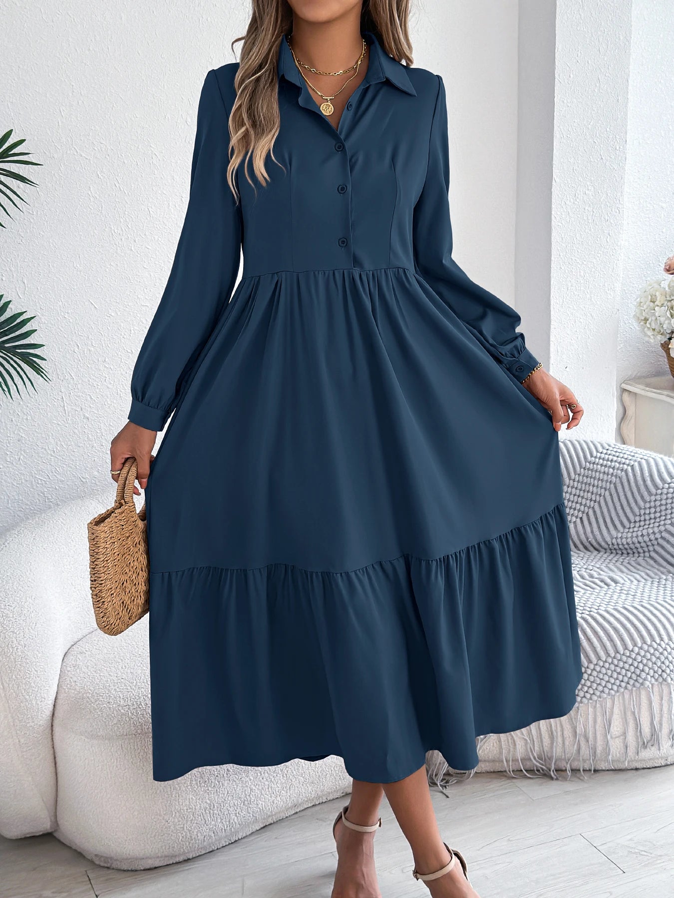 Casual Vacation Long Sleeved Turn-down Collar Single-Breasted Dress Spring Autumn Fashion Women's Clothing