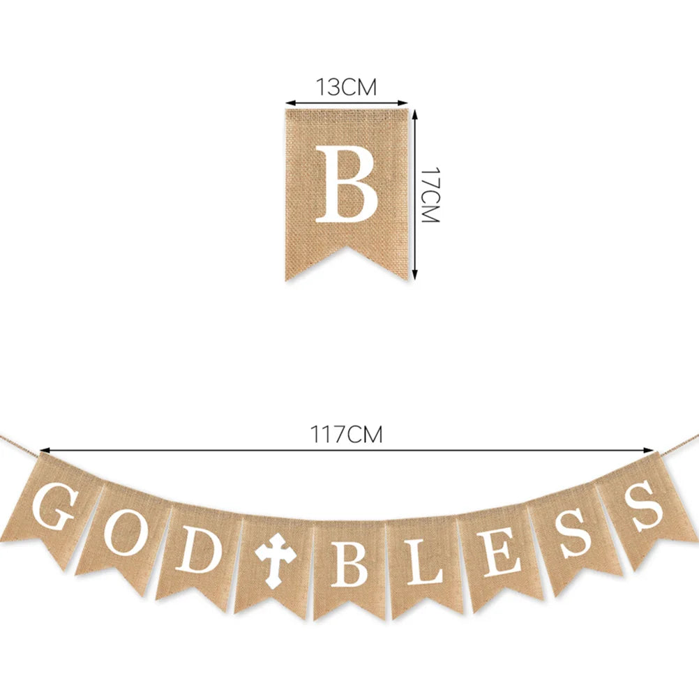 3PCS Communion Party Banner God Bless Baptism Christening Rustic Burlap Garland Banners For Wedding Baby Shower Decoration