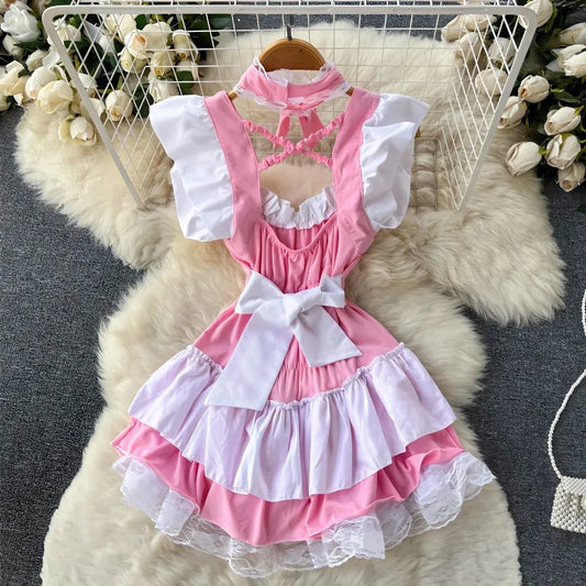 Women Lolita Summer Mini Dress Y2k Servant Low Cut Lace Patchwork Mini Dress Birthday Cocktail Role Play Maid Short Dresses