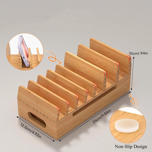 Bamboo Charging Station for Multiple Devices Desktop Docking Stations Holder for Cell Phone Tablet SmartWatch Earbuds Stand