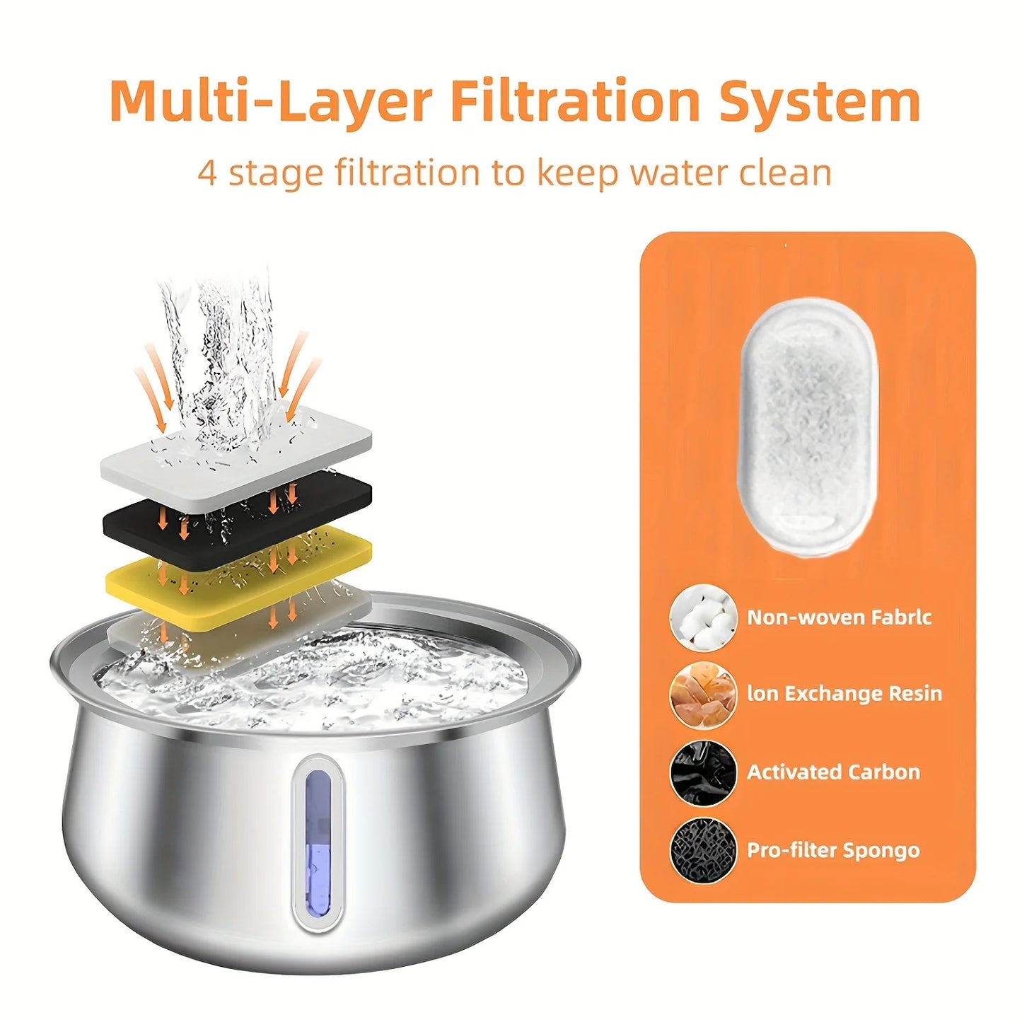 Damaly,4L Autofeeder Stainless Steel Cat Water Fountain with Ultra-Quiet Pump - USB Powered