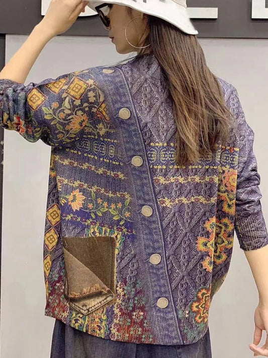 Amax luluE 2025 Fall Korean Design Knitwear Womens Vintage Printed loose Cardigans Ladies V-neck Fashion Warm Oversized Sweaters