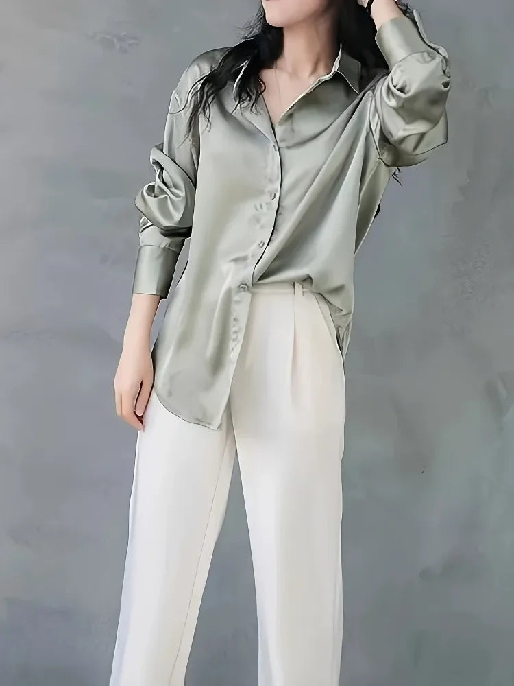 Fashion Casual Office Lady Silk Blouses Autumn Long Sleeve Button Up Shirt Women Elegant Winter Tops Office Lady Acetate Blouse