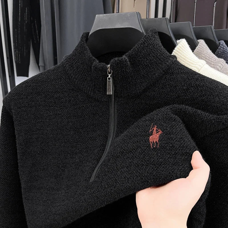 Winter Men's Ferret Fleece Embroidered Zipper Stand Up Collar Head Knitwear Plush Thick Soft Sweater Mens Clothes Pull Coreen