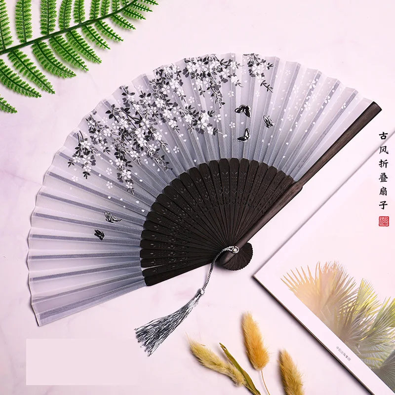 Bamboo Folding Fan Silk Chinese Fan Hand Women Black Fan Summer Female Dance Home Decoration Party Gift Home Ornament Fan Black