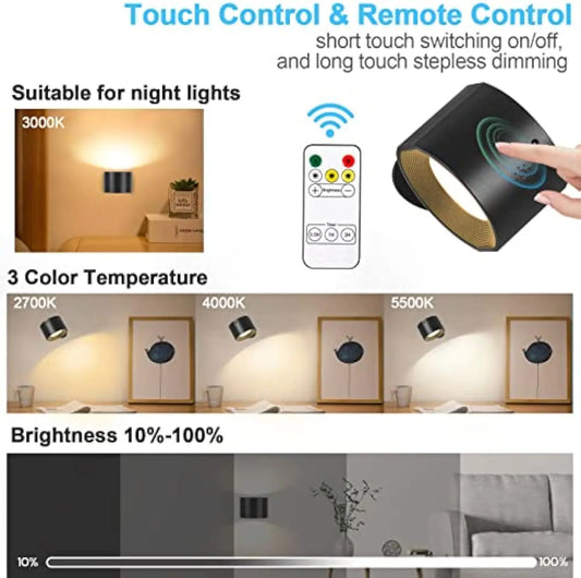 Led 2 in 1 Wall Lights Touch Control 2000mah Battery Usb Recharge 360° Rotatable Wireless Portable Bedroom Reading Night Lamp