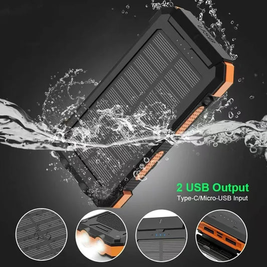 20000mah Waterproof Solar Powerbank Portable Large Capacity Charger Solar Fast Charging Waterproof With Compass For Ios Android