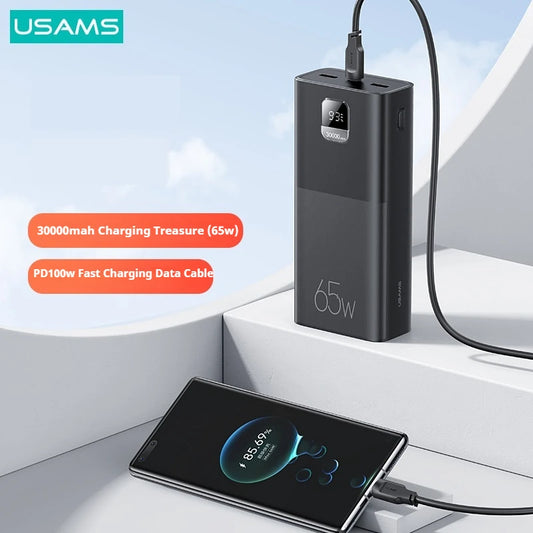 USAMS 30000mAh Power Bank 65W USB-C/A Fast Charging Portable External Battery Mobile PowerBank For iPhone16 Pro MacBook Laptop
