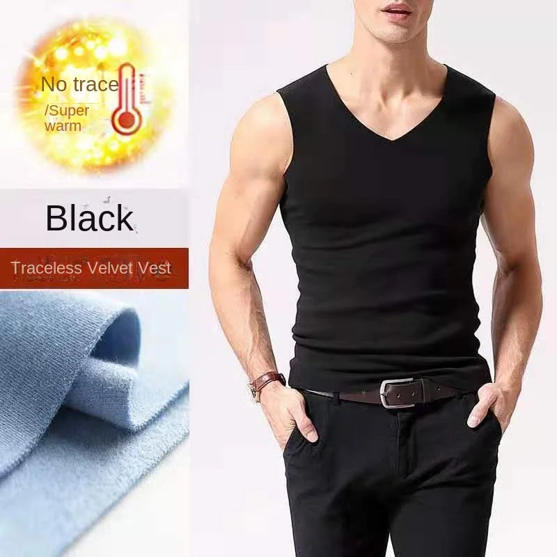 Mens Underwear 37° Heating Fiber Plus Velvet Seamless Vest Men's Winter Slim Warm Bottoming Shirt Men's Speed Thermal Underwear