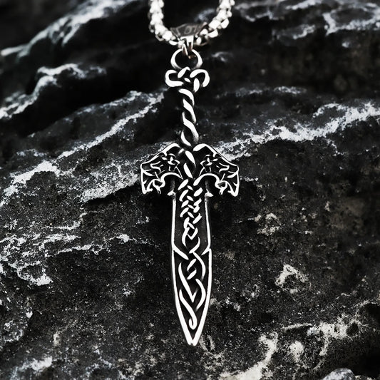 Viking Pendant Double Wolf Celtic Knot Rune Sword Men's Pendant Fashion Stainless Steel Jewelry