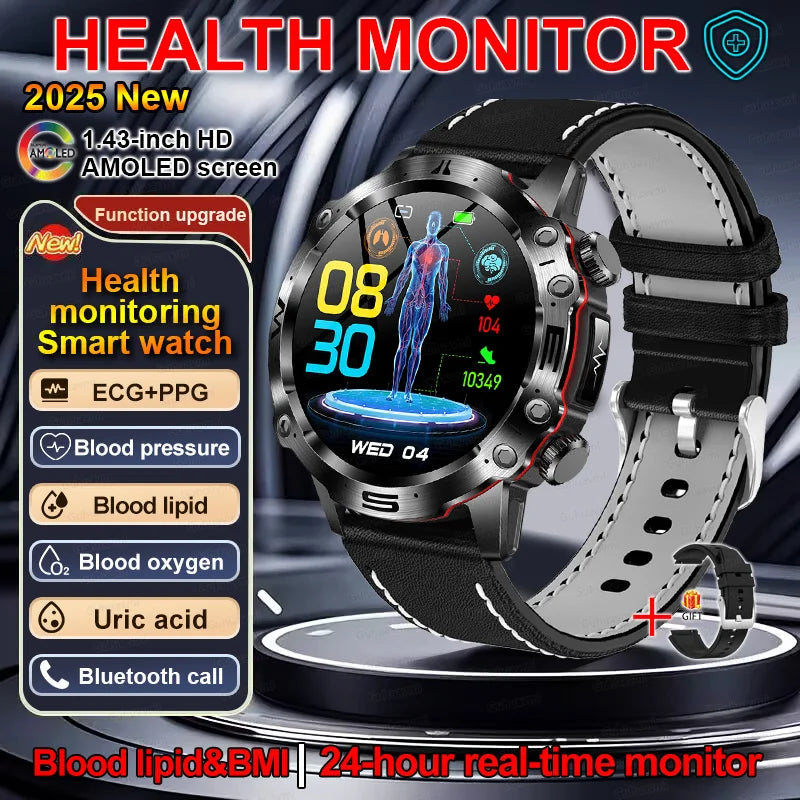 Sapphire 2025New Health managed Smart Watch Health measure Blood Fat Uric Acid Call ECG+PPG blood pressure Health Smartwatch IOS