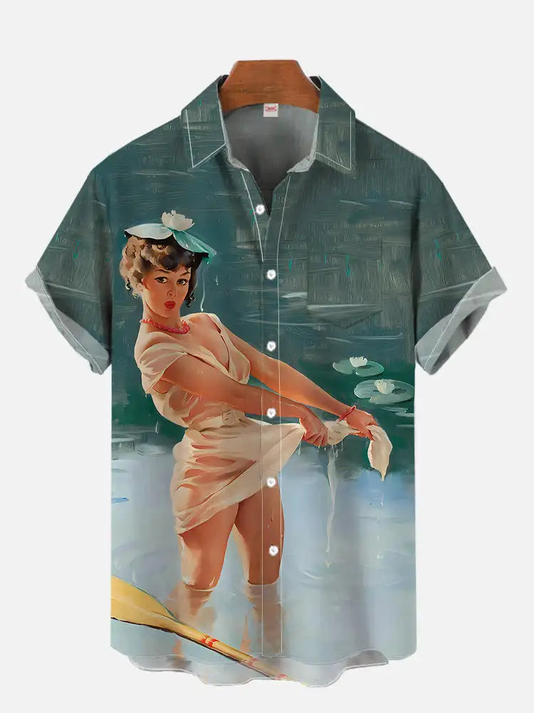 1980s Vintage Pin Up Girl Poster Sexy Girls Blonde Beauty 3D Prints Men's Short Sleeved Shirts For Men Fashion Hawaiian Shirt