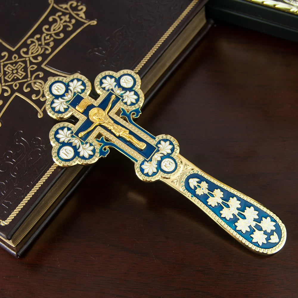 Orthodox Church Handle Blessing Church Cross Gold Plated Colorful Enamel Jesus Crucifix icon Cross With INRI For Prayer
