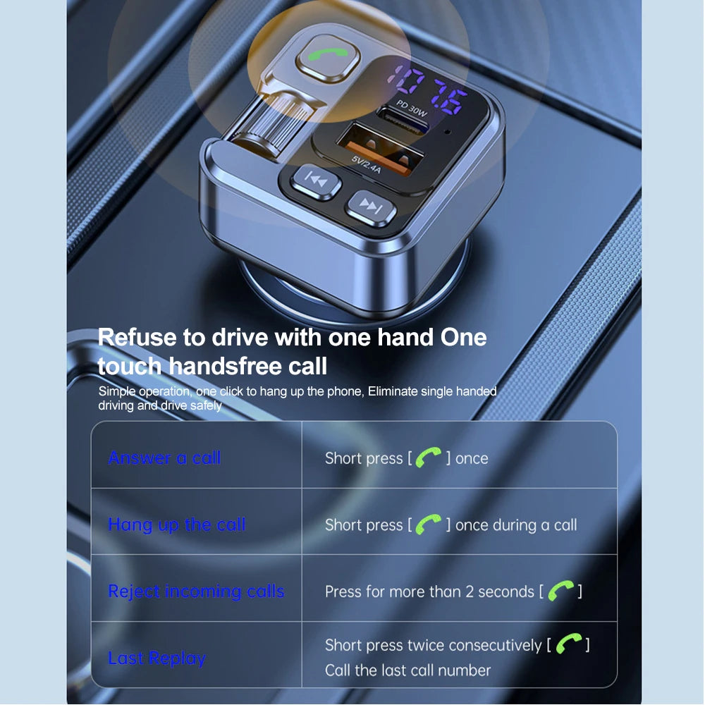 Bluetooth 5.1 Car FM Transmitter Car MP3 Stereo Music Player Handsfree 3.5mm Aux Wireless Car Kit 30W PD USB-C Fast Charger