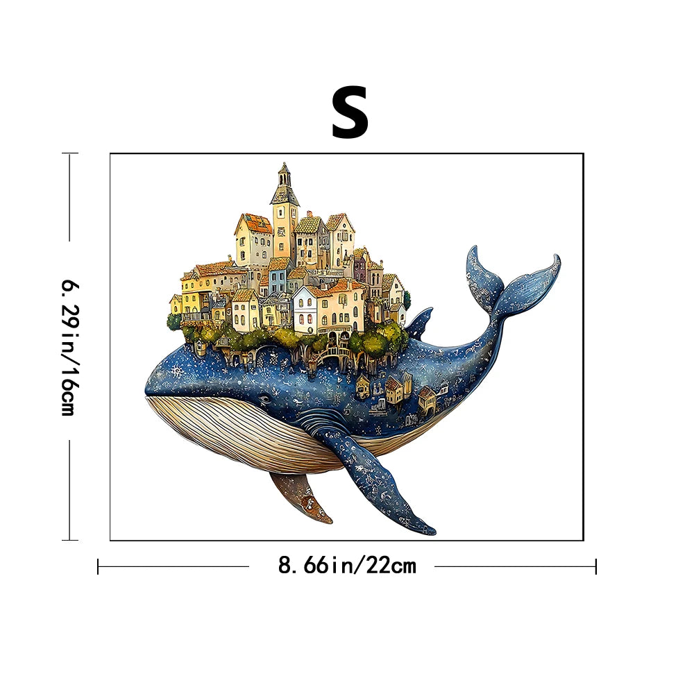 Artisan Whale Castle Wooden Puzzle – Handcrafted Animal Village, Intermediate Challenge & Marine Wall Art – Portable Family Game
