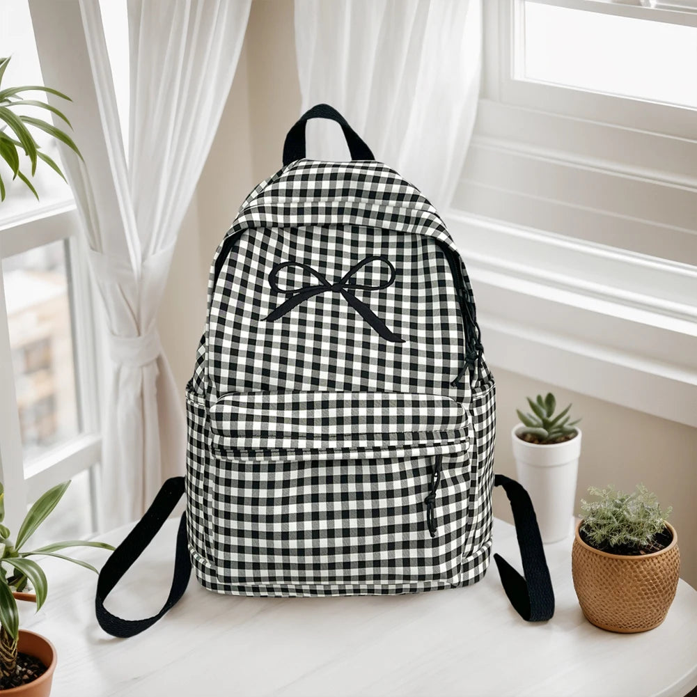 Cute Bowknot Plaid School Backpack Lightweight School Bag Nylon Student Rucksack for Girls Women High School College Work