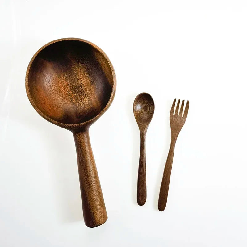 Kitchen Bar Utensils, Wooden Cutlery, Bowls, Spoons, Forks Set, Can be Used for Travel, Picnic, Portable Eco-friendly, Chunky