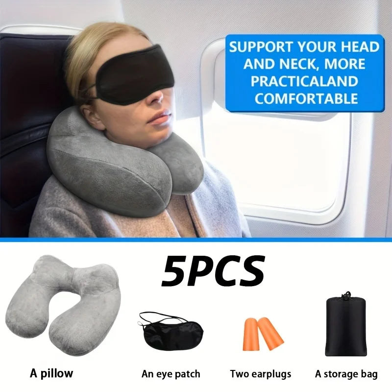 5Pcs Travel Pillow Set, Ergonomic Inflatable Travel Pillow with Earplugs - Soft Velvet Neck Support for Easy Storage and Carrying, Suitable for Airplanes, Cars, Offices and Campings, Sleep Rest Pillows