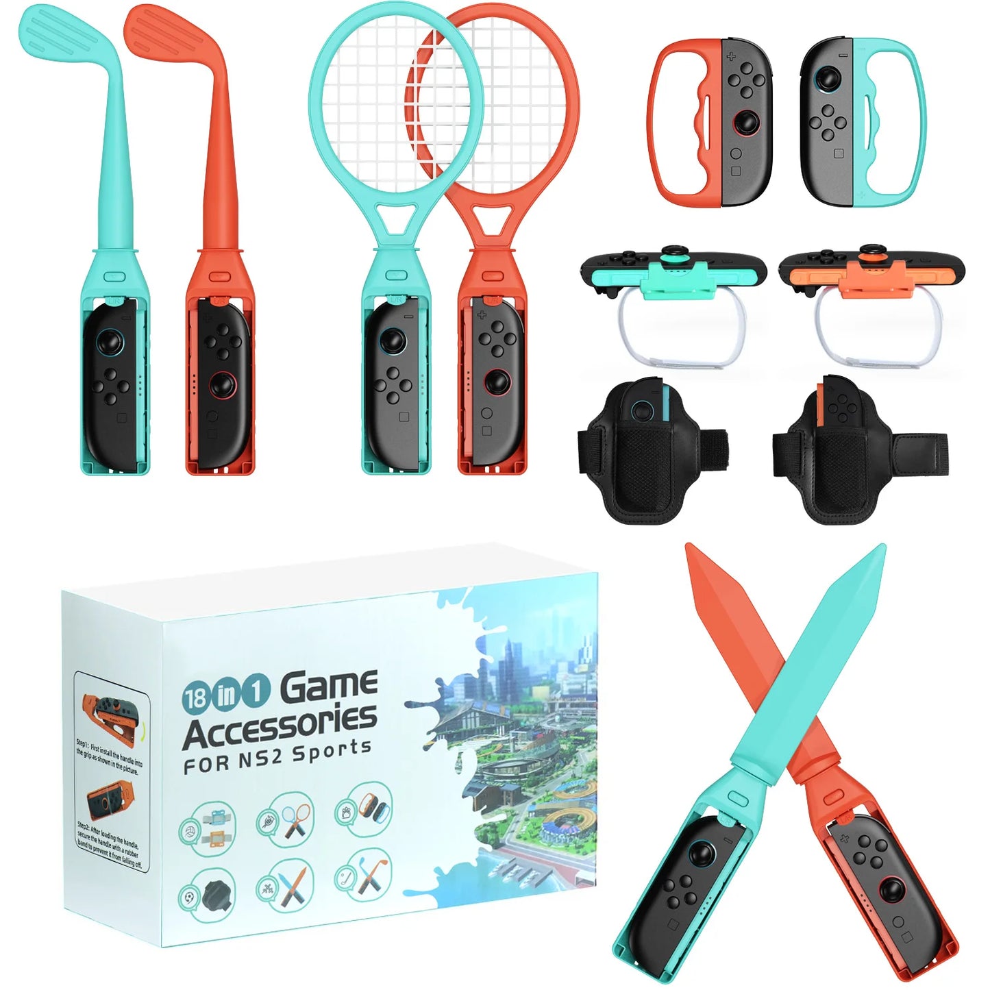 18 in 1 Sports Accessories Bundle for NS Switch 2, Golf Clubs Tennis Rackets Swords Grips Straps Kit for Joy-Con