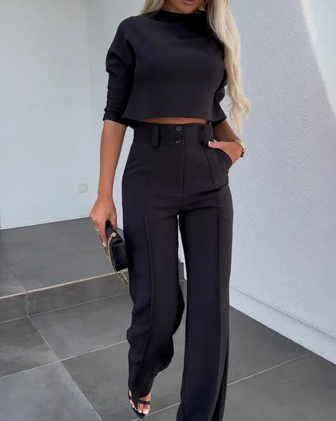Elegant Office Lady Suits Fashion Solid Color Two Piece Set For Women Casual Crop Top+high Waist Pants Women's Sets 2024 Autumn