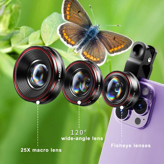 Mobile phone external lens kit with clip wide-angle/25X macro/ fisheye camera lens for photography Compact and portable 3-in-1