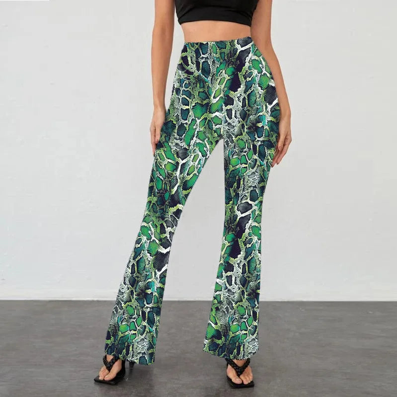 Womens Serpentine Print Flare Pants Stretch Boho Bell Bottoms High Waist Wide Leg Long Palazzo Pants Y2K Streetwear Trousers