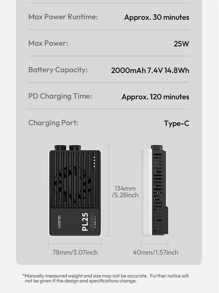 ULANZI PL25 25W LED Panel Light 2700K-6500K CRI 96+Type-C Fast Charging Studio Photography Light for Phone Camera Vlog Shooting
