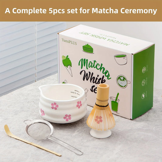 5PCS Matcha Stirrer Set Gift Box Sakura Patterned Matcha Bowl Japanese Matcha Tea Ceremony Perfect Matcha Kit
