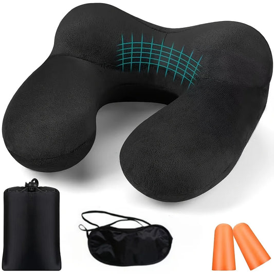 5Pcs Travel Pillow Set, Ergonomic Inflatable Travel Pillow with Earplugs - Soft Velvet Neck Support for Easy Storage and Carrying, Suitable for Airplanes, Cars, Offices and Campings, Sleep Rest Pillows