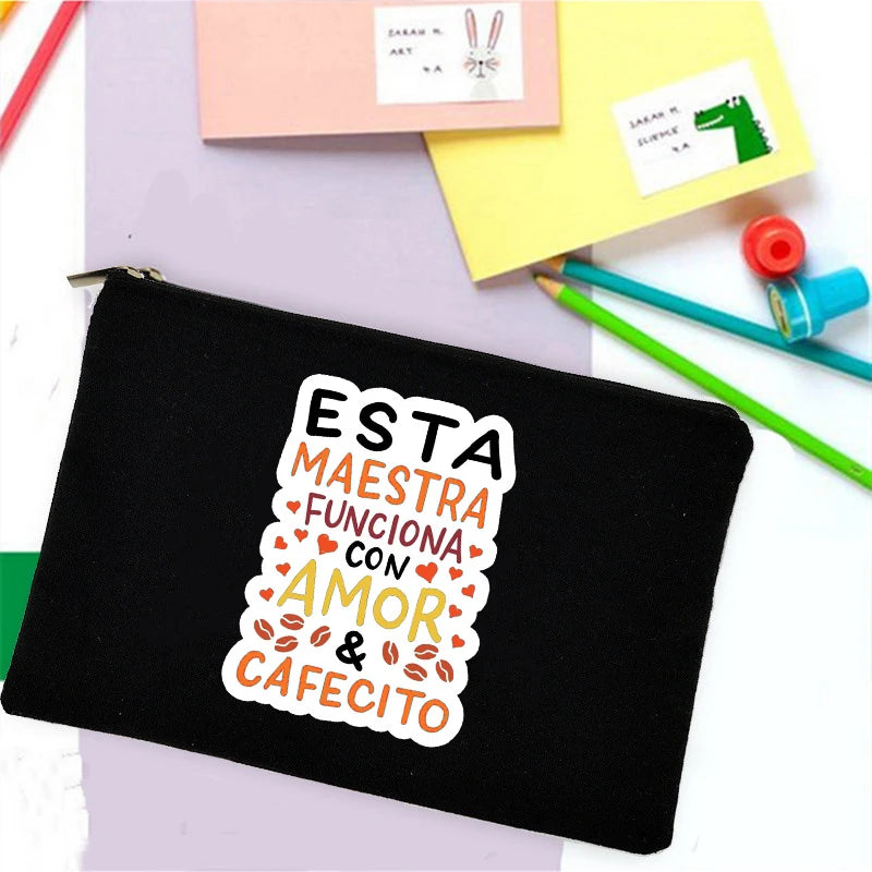 School Stationery Supplies Storage Bags Rainbow Teacher Spanish Printed Teacher Pencil Cases Travel Wash Pouch Gifts Makeup Bag