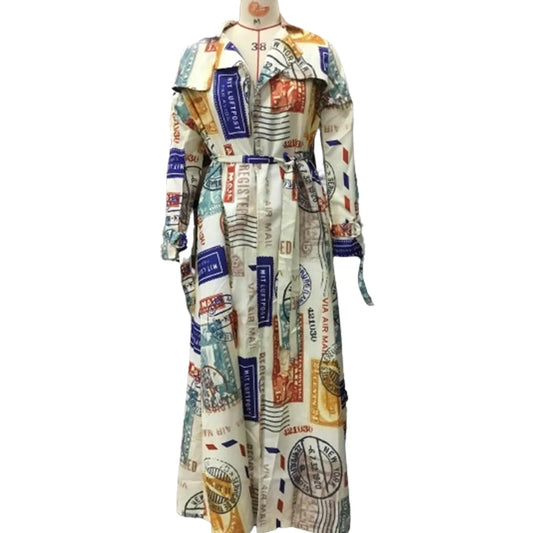 Women Oversize Trench Coat Scrawl Printed Long Coat Stand Collar Lapel Overcoat Pockets Streetwear Shacket Jacket Coatwear