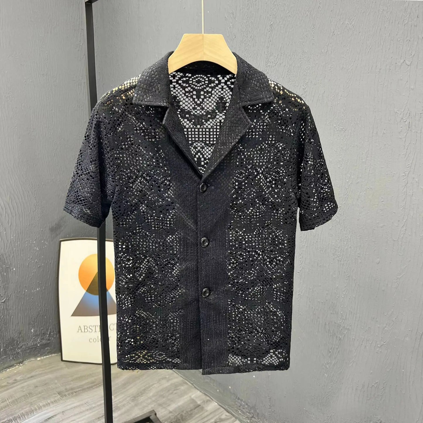 Vintage Ice Silk Lace Shirts For Men Sexy Lace Breathable Hollow Out Tops Summer Fashion Cuban Collar Short Sleeved Shirt Male