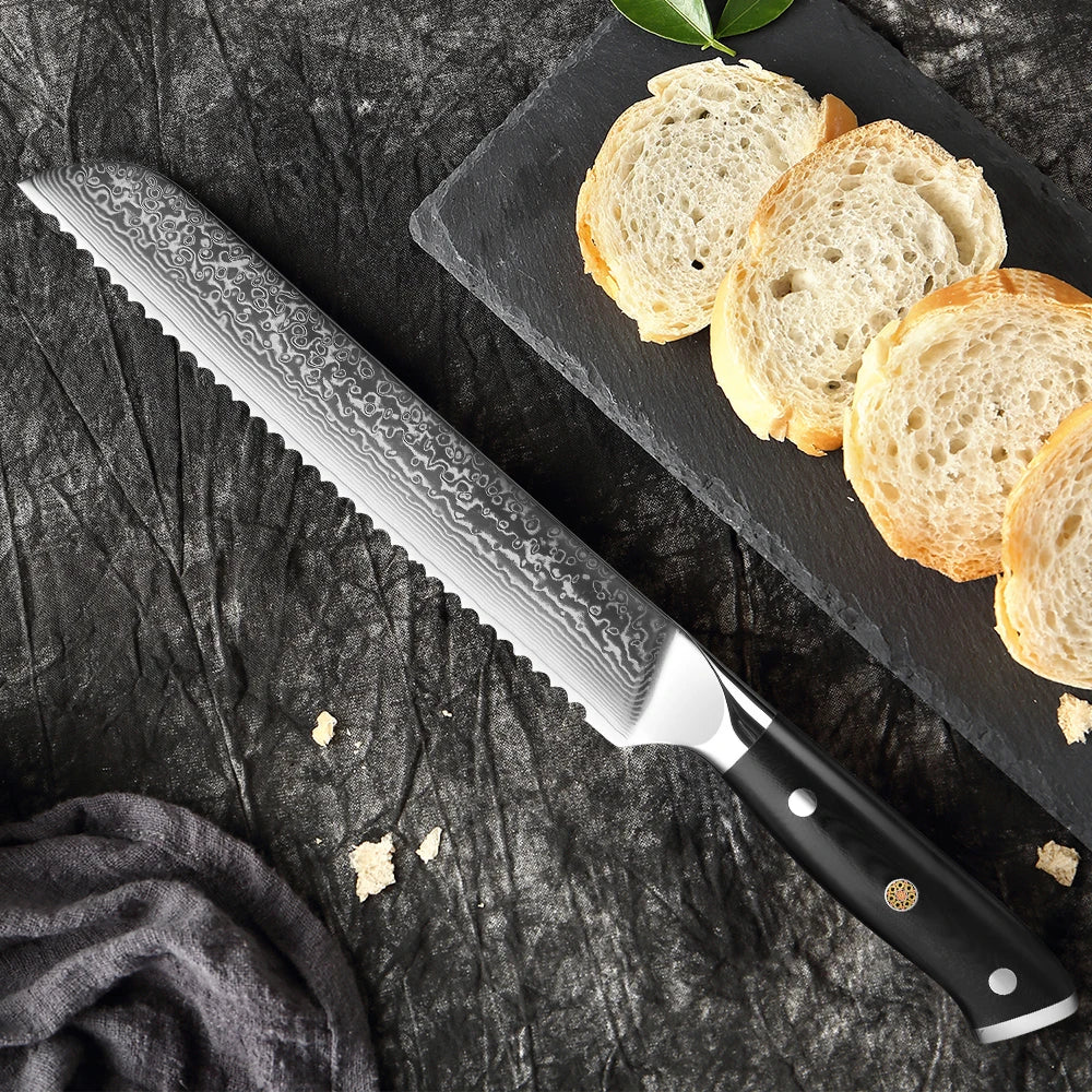 Damascus Bread Knife Professional Japanese VG10 Steel Bread Cutting Knife Serrated Cake Knife Bread Cutter for Crusty Bread