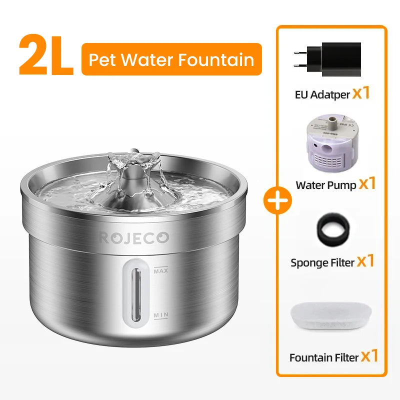 ROJECO Stainless Steel Pet Drinking Fountain Auto Cat Water Fountain Smart Pet Water Dispenser with Pump for Dog Cat Drink Bowl