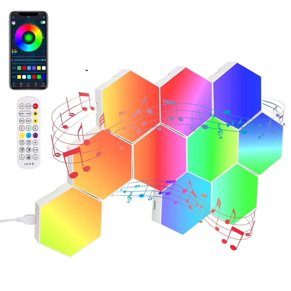 RGB Smart Hexagonal Wall Lamp Color changing Ambient Night Light DIY Shape Music Rhythm APP For Game Room Bedroom Intelligent