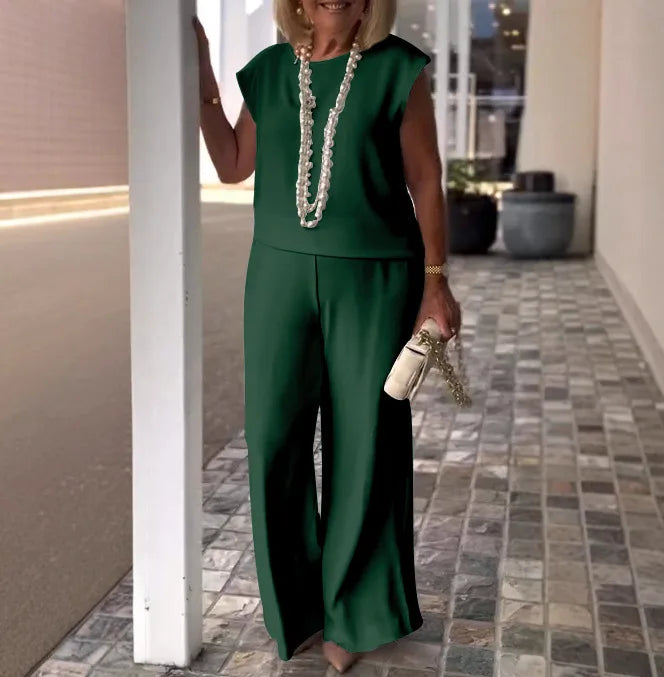 Elegant Women 2-piece Office Set 2025 Group Of Pant Outfit Ladies Temperament Sleeveless O-Neck Blouse Tops&Wide Leg Pants Suit