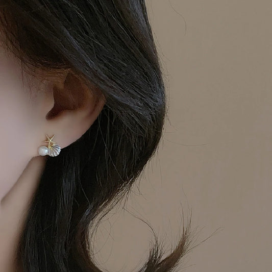 Imitation Pearl Asymmetric Ocean Style Earrings Stud For Women Starfish Shell Earring Ear Ring Zircon Fashion Jewelry Gift
