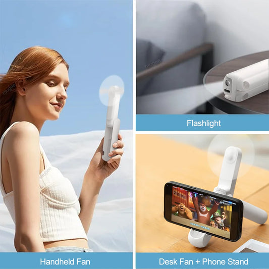 Portable Fan Mini Handheld Fan 3 in 1 Folding Fans 2000mAh USB Rechargeable 3 Speed with Phone Stand and Flashlight for Outdoor