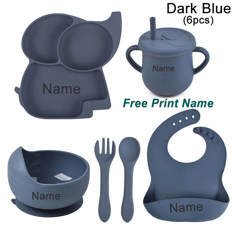 Silicone Baby Feeding Set Soft Silicone Sucker Plate Bowl Elephant Plate Personalized Name Feeding Bib Apron Children's Dishes
