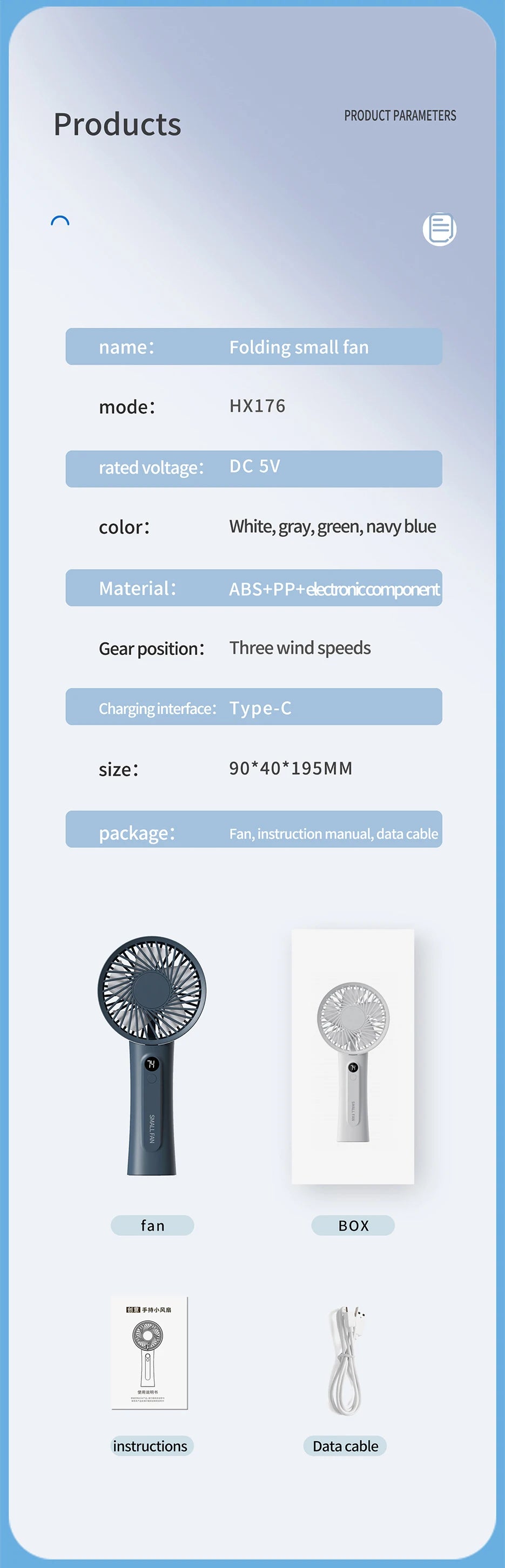 Portable Handheld Fan, Fan 6 Speed Wind LED Display Personal Mini Travel Fan Hand Held Fan USB Foldable Electric Fan